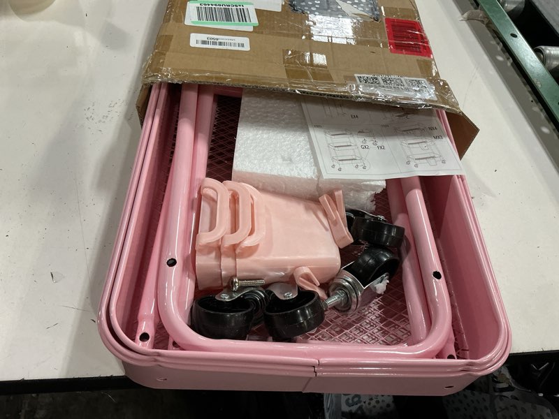 Condition photo showing As Is for 3 tier rolling cart metal with lockable wheels, pink three tiered diaper caddy cart organizer on wheels, storage utility trolley carts for craft, art, nail, lash, baby supplies, cleaning, mesh soft pink 3 tier + cups + hooks