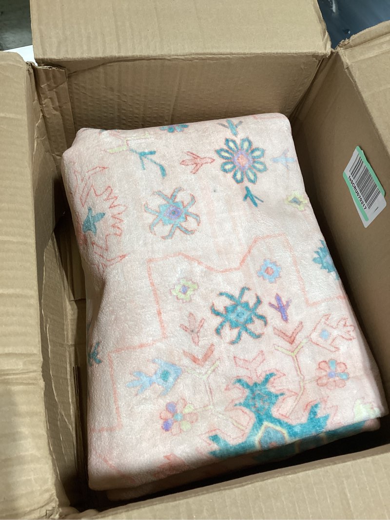 Condition photo showing Good Condition for pink and blue washable 5x8 living room rugs, boho aethestic oushak vintage area rug for bedroom girls kids playroom nursery room, non-slip rubber backing stain resistant 5' x 8' (rectangular) pink / blue