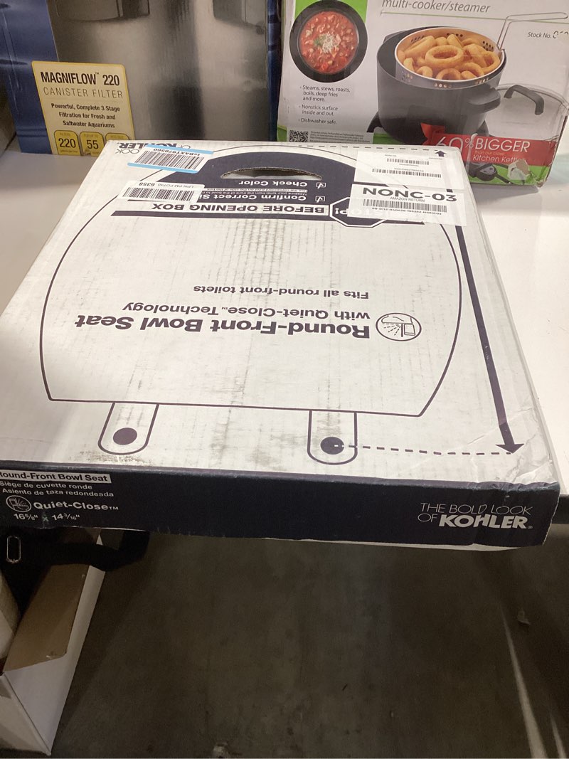 Condition photo showing New/Like New for kohler stonewood quiet-close, round toilet seat soft close, durable wood, easy installation, universal fit, home essentials, white finish, k-20467-0 white round double-hinge