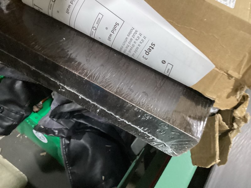 Condition photo showing As Is for 48" Rustic Elm Floating Shelves - Solid Wood Live Edge with Invisible Brackets, Wall Mounted Shelf for Living Room, Kitchen & Bathroom Decor, Brown Brown Elm Live Edge, 48"L, 1Packs