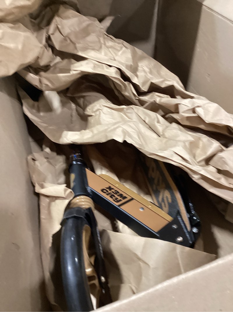 Condition photo showing Good Condition for skidee adult & teen scooter adjustable height, folding, large wheels, lightweight, durable, anti-shock suspension, up to 220 lbs black & gold