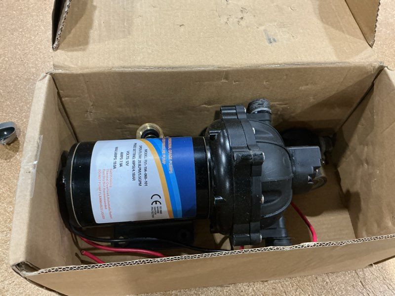 Condition photo showing As Is for 12 volt sprayer pump, chemical and corrosion resistant, 5.5gpm 60psi 10 amps soft wash pump, compatible with roundup, pressure switch and self-priming for agricultural spraying