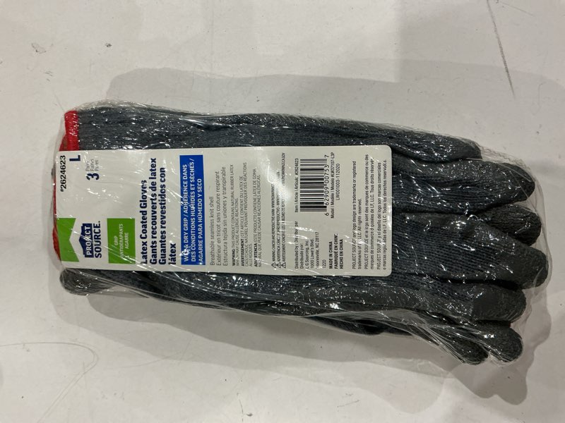 Condition photo showing New/Like New for project source large gray latex dipped polyester gloves, (3-pairs)