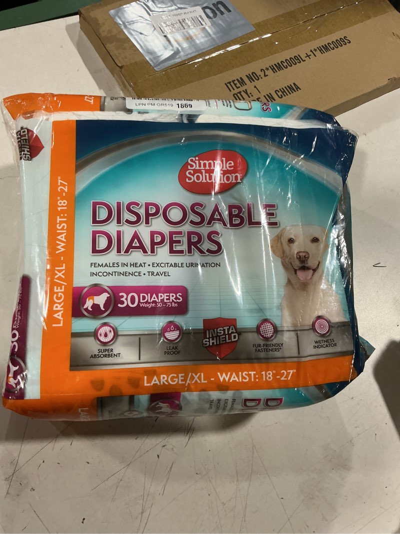 Condition photo showing New/Like New for simple solution disposable dog diapers, female dog diapers, puppy potty training, incontinence and heat cycle protection, large diapers for dogs, 18-27 inch waist, 30 count 30 count l/xl