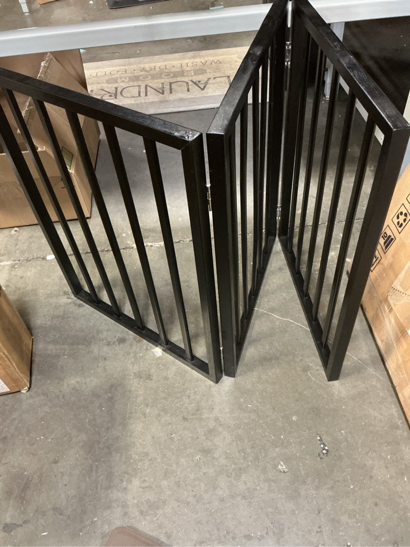 Condition photo showing As Is for freestanding pet gate for dogs, foldable wooden dog gate for house, indoor dog gate for doorways, stairs, gates for dogs indoor, support feet included, 24" height 3 panels, brown 24" height-3 panel dark brown