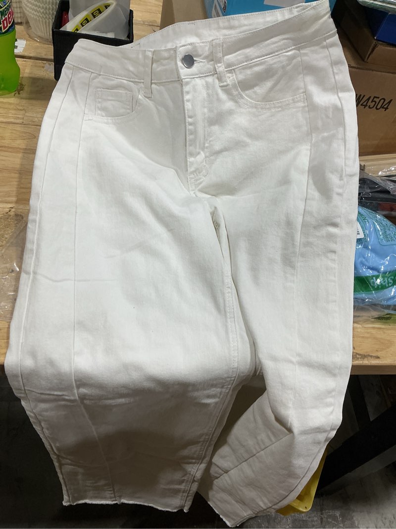 Condition photo showing Good Condition for (size10)sidefeel women's wide leg jeans high waisted stretchy raw hem zimbaplatinum denim pants 8 white