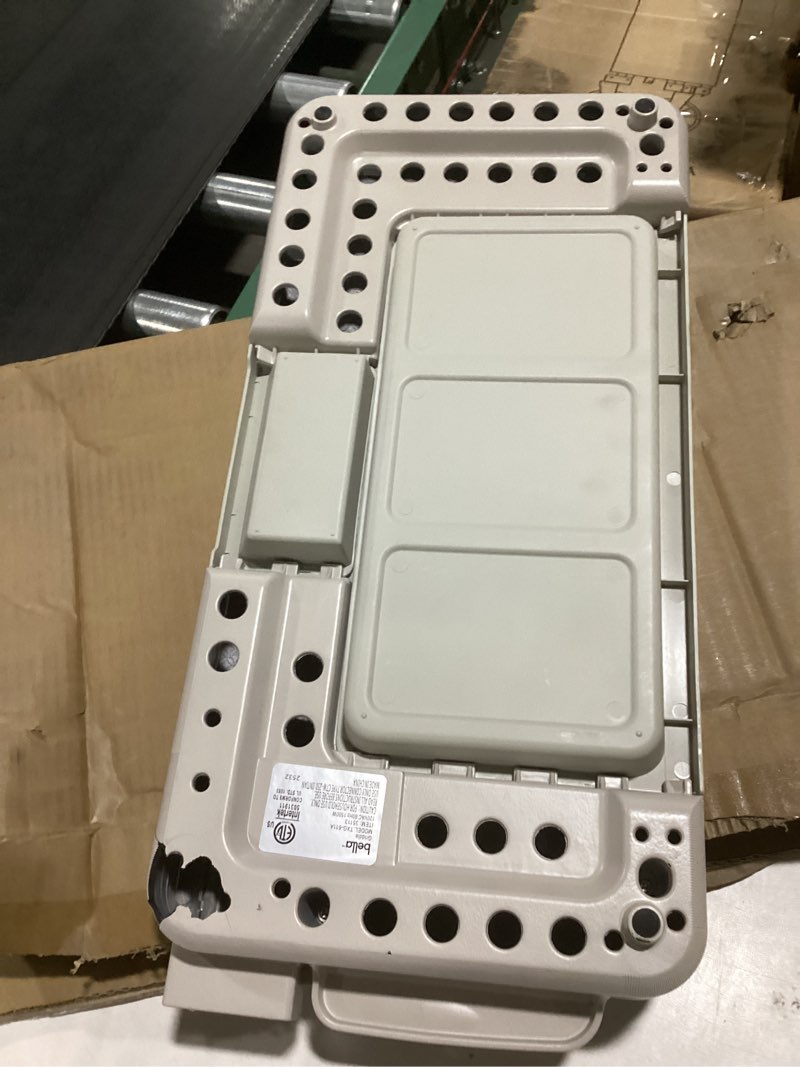 Condition photo showing As Is for **no electric cord**bella 10\" x 20\" electric griddle with warming tray, evergood™ ceramic nonstick coating & removable temperature probe, dishwasher-safe drip tray & cool touch handles, 1500 watt, oatmilk 10\" x 20\" oatmilk + tray