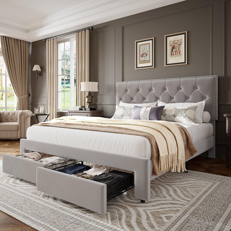 Bed Frame With 2 Storage Drawers, With Wooden Slat Support (Grey) Incomplete 
