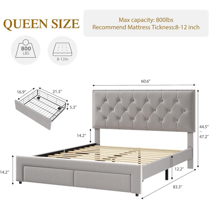 Drawers Storage, Queen Platform Bed/Strong Wooden Slats, Light Gray (incomplete)