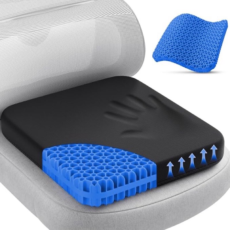 tushguard gel seat cushion for long sitting, breathable thick patent design | enlarged cooling chair pad for office chair, wheelchair, desk chair, supportive car cushion (standard, black+blue)