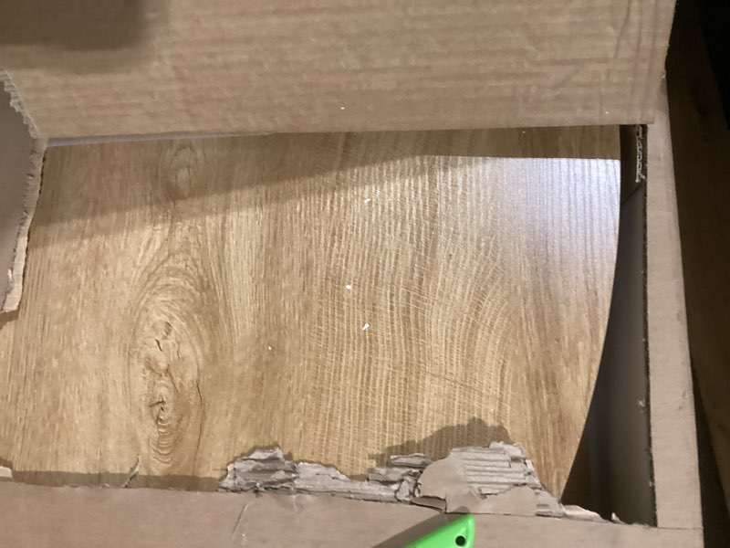 Condition photo showing As Is for Tribesigns 47 inch Round Dining Table Wood Kitchen Table for Dining Room, 47" Dinner Room Tables for 4-6, Farmhouse Accent Furniture with Wooden Tabletop and Cross Base, Light Wood Lightwood