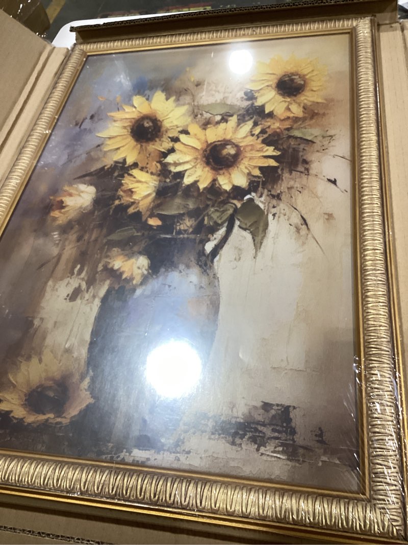 Condition photo showing As Is for rustic sunflower canvas wall art: vintage flower picture print farmhouse wall decor - floral pot decorative poster framed artwork decoration for bedroom home office ready to hang 10" x 15" 15"l x 10"w vintage sunflowers
