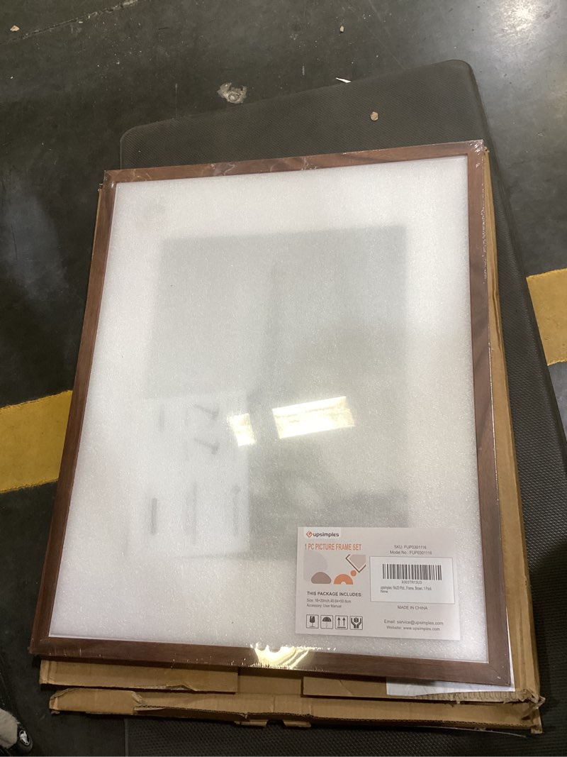 Condition photo showing New/Like New for upsimples 16x20 picture frame, display pictures 11x14 with mat or 16 x 20 without, wall hanging poster frame, brown, 1 pack brown 16x20