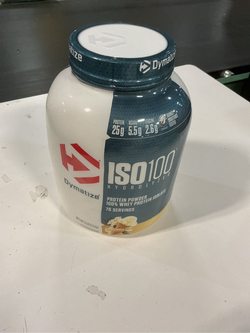 Condition photo showing New/Like New for (EXP 01/2027)Dymatize ISO 100 Whey Protein Powder with 25g of Hydrolyzed 100% Whey Isolate, Vanilla 5 Pound, Package may vary Gourmet Vanilla 5 Pound (Pack of 1)