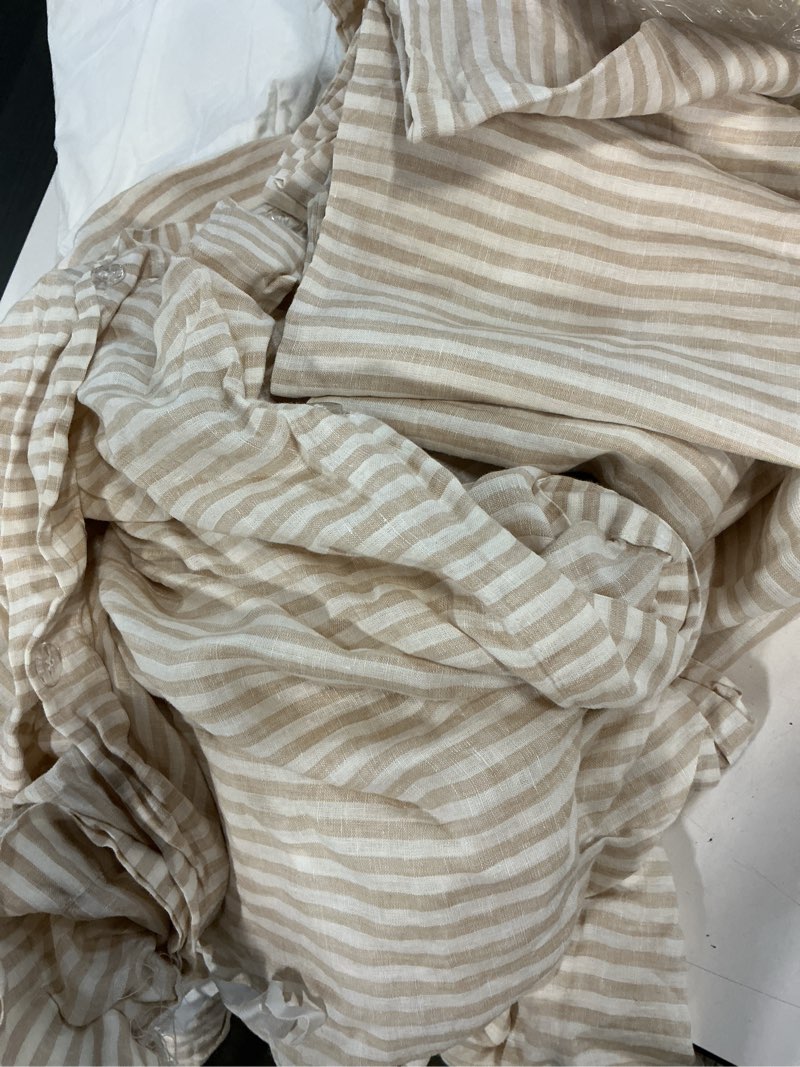 Condition photo showing As Is for quince european linen stripe duvet cover set of 3, latte/white stripe, king/cal king