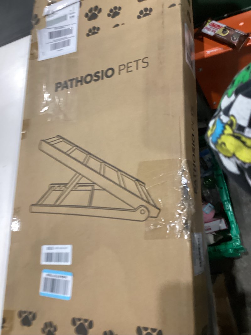 Condition photo showing New/Like New for Adjustable Dog Ramp for Bed - 39" Long Foldable Wooden Ramp for Dogs to Get on Bed, Couch, or Car with 13.4" Wide Walking Space (Walnut Wood with Gray Carpet, Medium) Walnut Wood 39” Long x 13.4” Wide