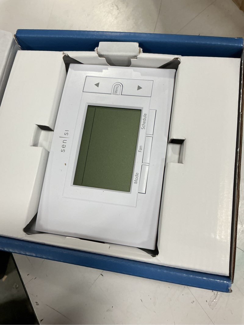 Condition photo showing As Is for sensi smart thermostat, 100 years of expertise, wi-fi, data privacy, programmable, easy diy install, works with alexa, energy star certified, mobile app, st55 diy thermostat
