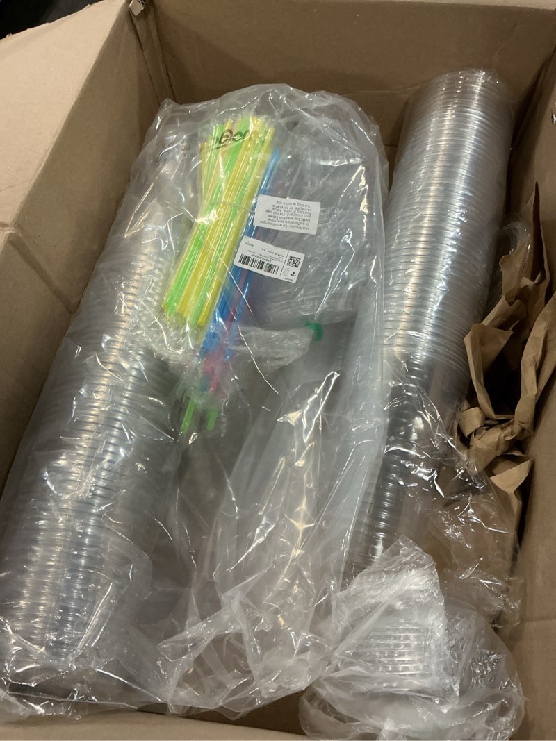 Condition photo showing Good Condition for 100 set 32oz clear plastic cups with flat lids and straws, pet plastic cups with lids colored straws drinking plastic disposable cup for ice cream cold drink iced coffee tea juice (multicolor)