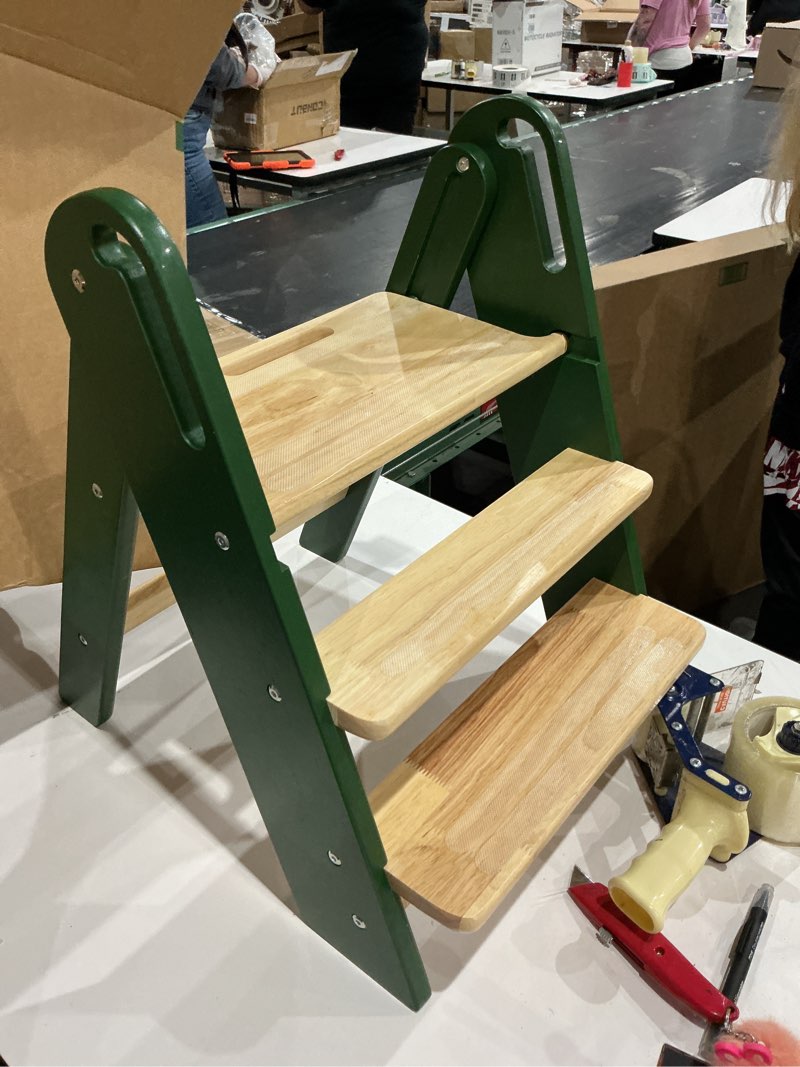 Condition photo showing Good Condition for wooden step stool for toddler, foldable 3 step stool for bathroom sink, toilet potty training stool with handles, child kitchen counter stool helper wooden ladder for toddlers (green)