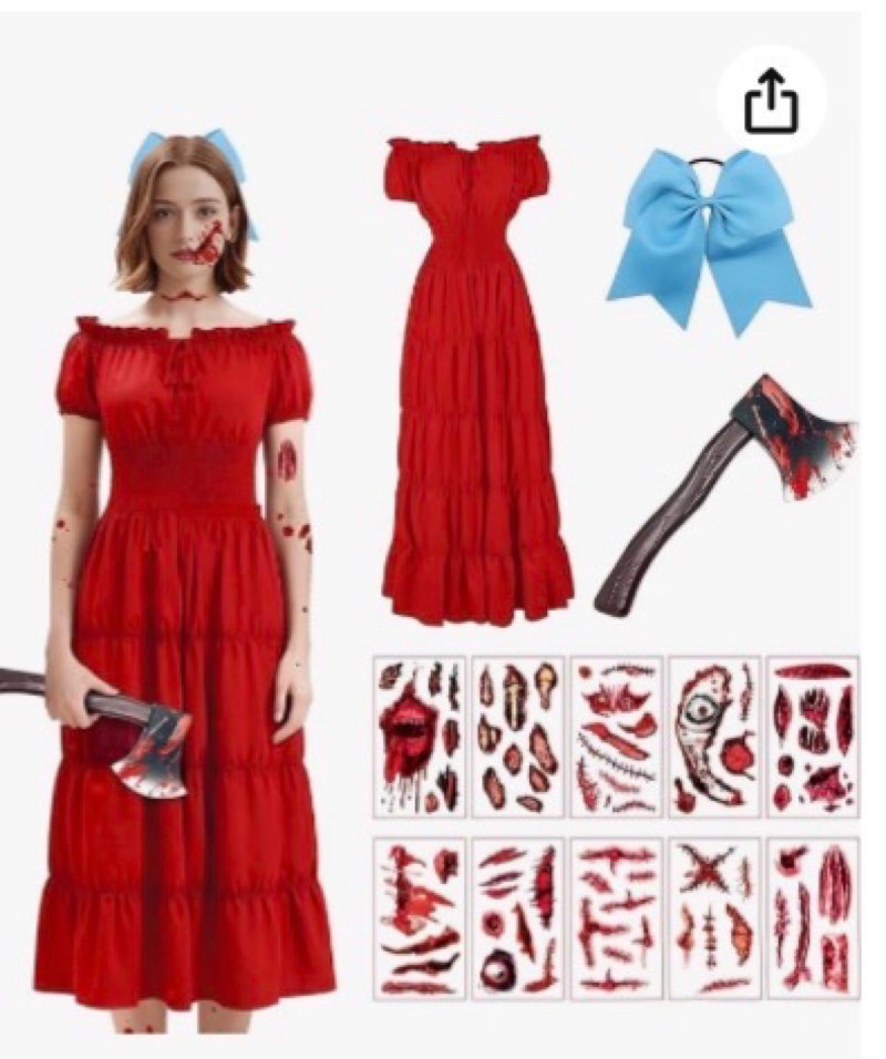 4 PCS Halloween Horror Movie Killer Costume Women Renaissance Red Dress with Tattoos Bows Axe Props Medium