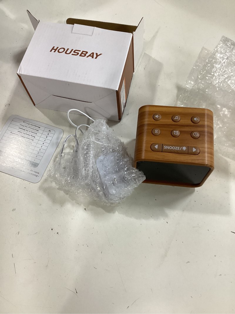 Condition photo showing As Is for housbay wooden sound machine alarm clock for bedrooms - gentle wake-up with birdsong, white noise for sleeping, small digital clock for phone-free routine oak