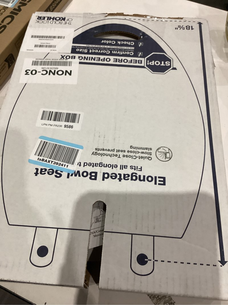 Condition photo showing As Is for KOHLER 20110-0 Brevia, Slow Close Toilet Seat, Elongated Toilet Seat, Grip-Tight Bumpers Quick-Attach Hardware, White White Elongated Quiet-Close