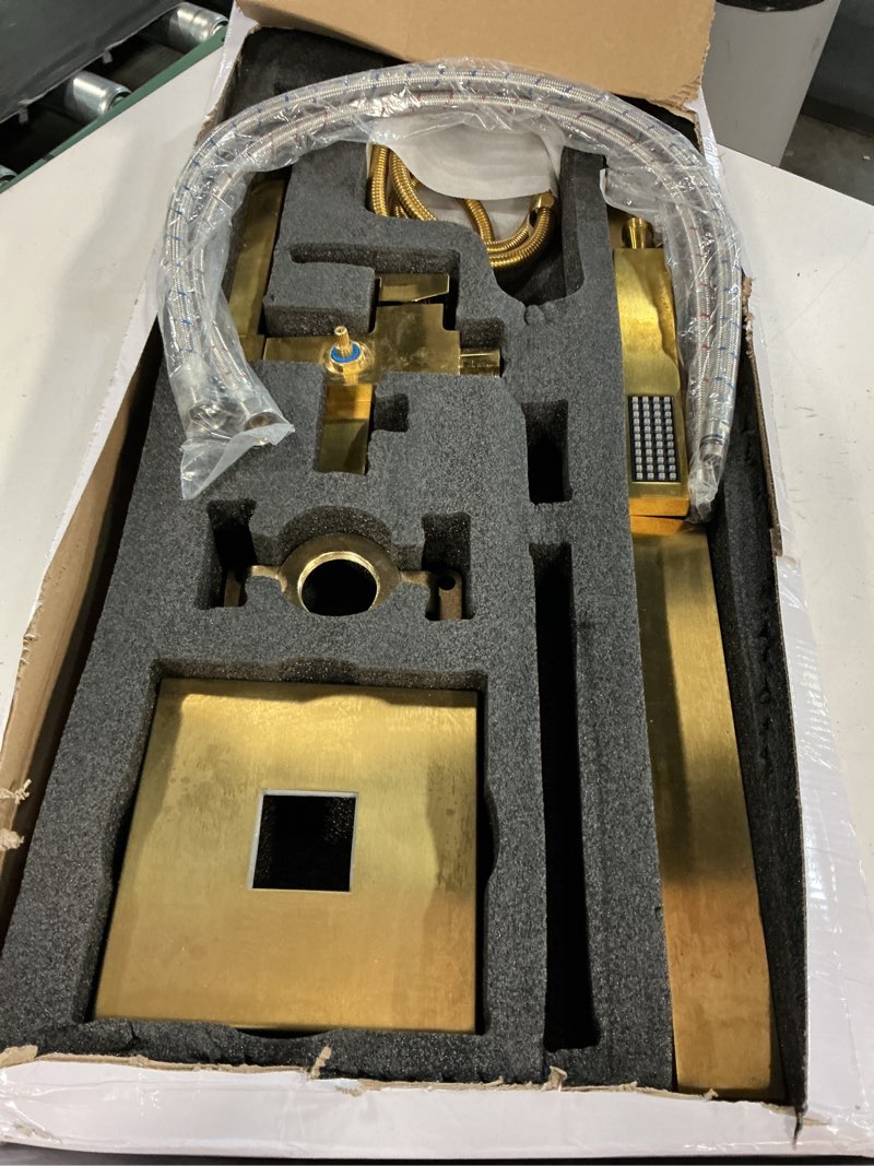 Condition photo showing Good Condition for brushed gold freestanding bathtub faucet with handheld sprayer, floor mount | high-flow waterfall tub filler with brass construction and hand shower, floor-mounted design for modern bathrooms