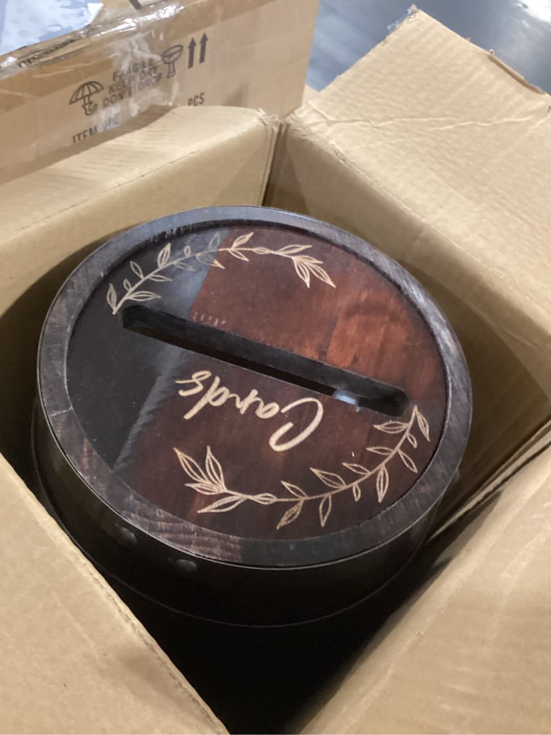 Condition photo showing Good Condition for ourwarm wooden wedding card box for party with base, brown whiskey barrel gift cards holder with slot, rustic envelope money card box for wedding graduation bridal shower party decoration chestnut