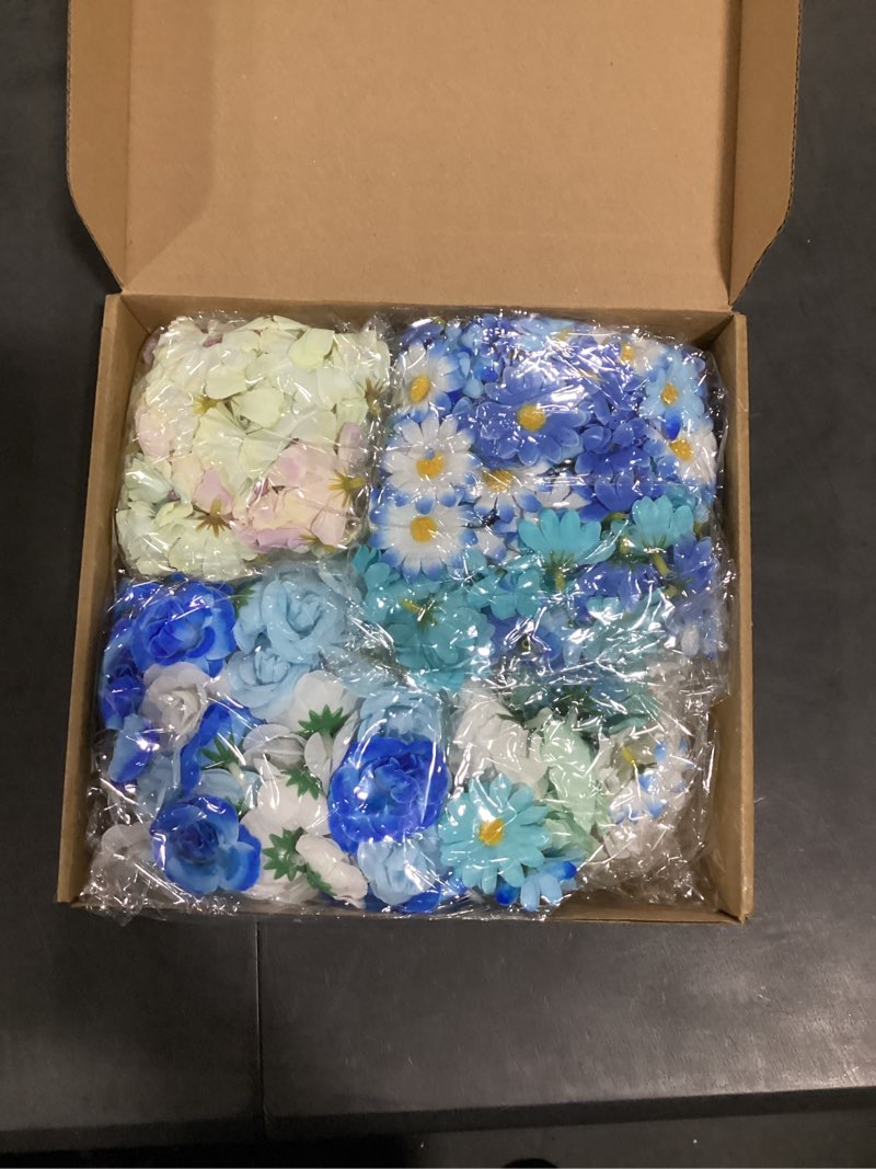 Condition photo showing Good Condition for 310 pcs fake flower heads mini artificial flower bulk silk flowers for decoration small faux flower heads fabric daisy buds floral for crafts diy wedding party baby shower home decor, blue