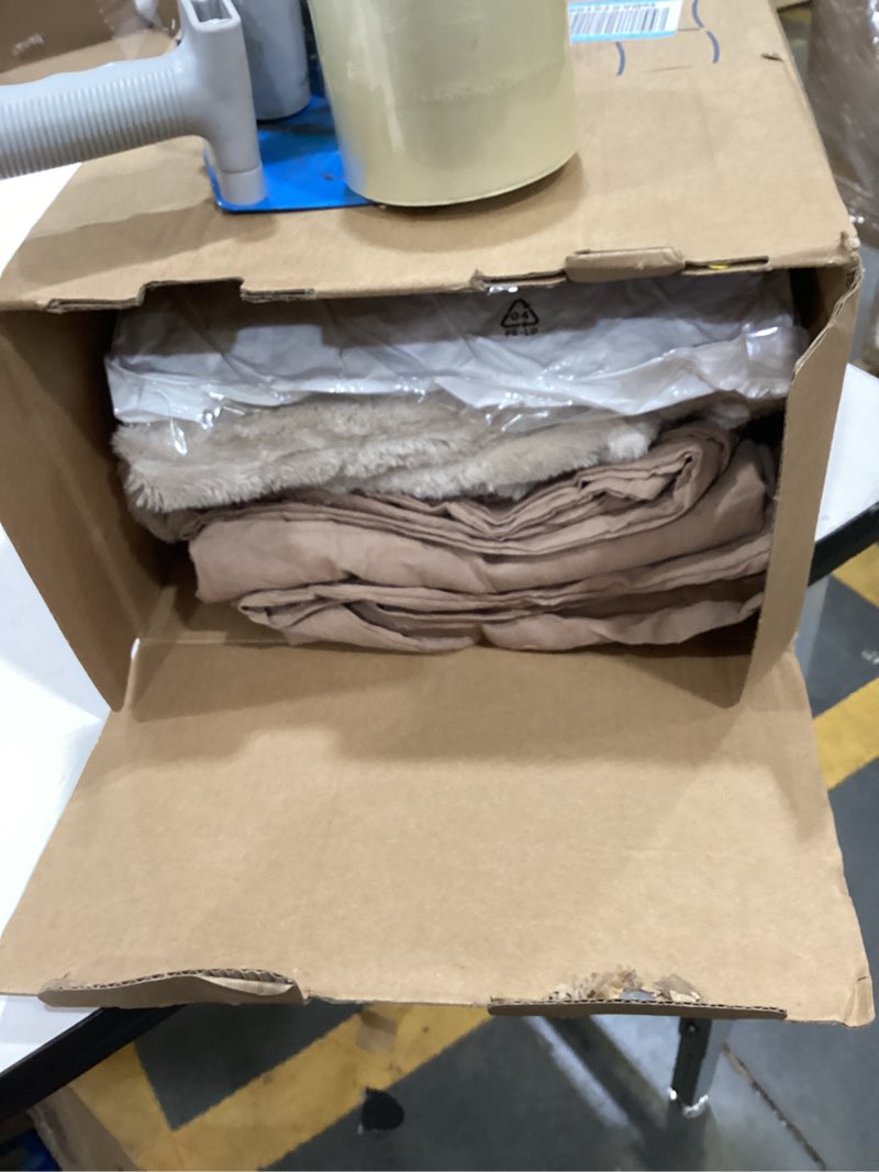 Condition photo showing As Is for Bedsure Comforter King Size 5 Pieces - King Size Comforter Set with Fleece Throw Blanket and Decorative Pillow, Lightweiget Bedding Comforter Sets, All Season Bedding Sets, Khaki King 02 - Khaki Striped