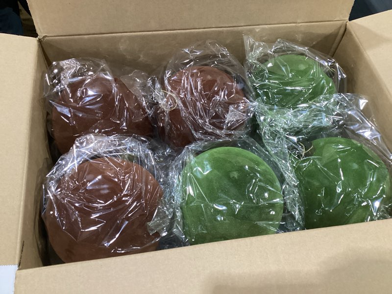 Condition photo showing Good Condition for Liliful 12 Pcs 6 Inch Large Velvet Christmas Ball Flocked Christmas Tree Ornaments Big Xmas Tree Shatterproof Hanging Home Decorations for Holiday Party(Green Brown)
