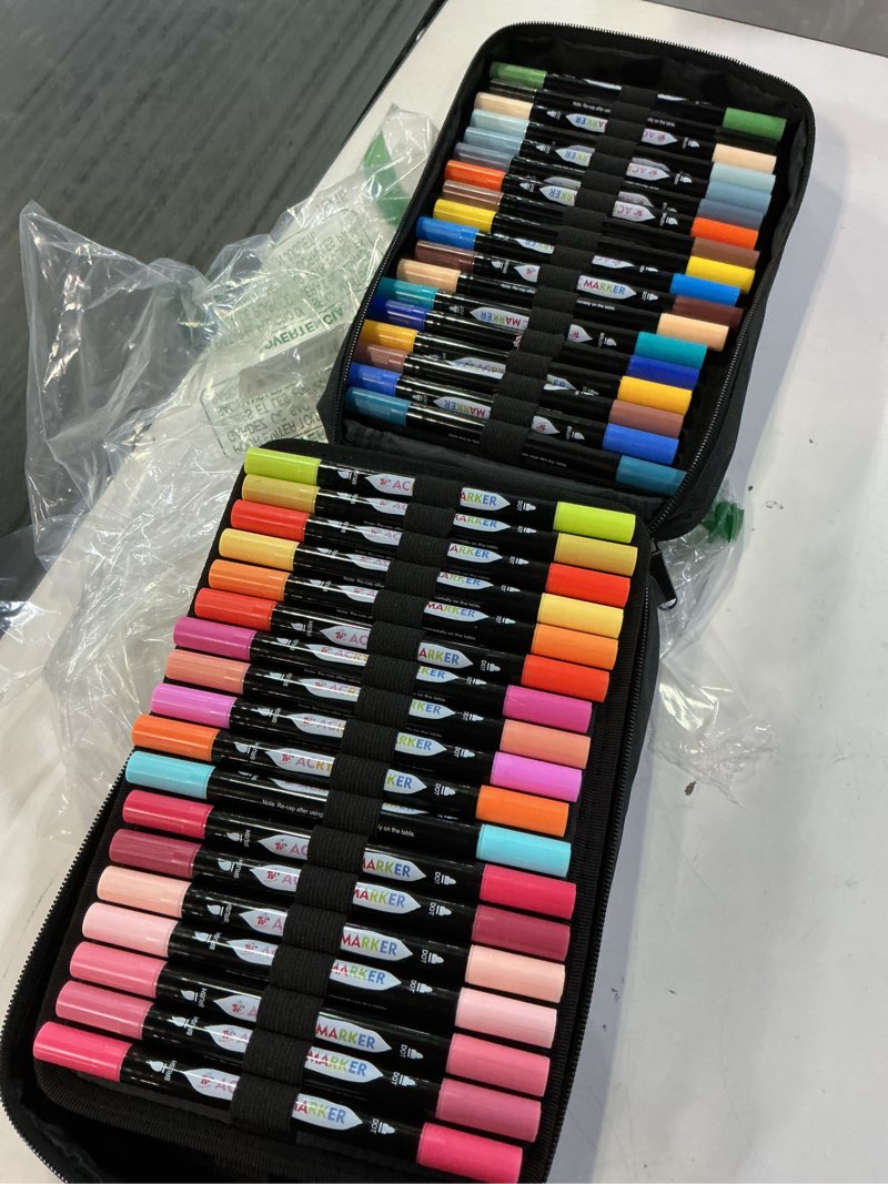 Condition photo showing Good Condition for tbc the best crafts 108 colors dual tip acrylic paint markers, double zipper design topgrade canvas bag,waterproof, non-toxic, odorless, suitable for paper,pottery, stones, glass,outdoor painting