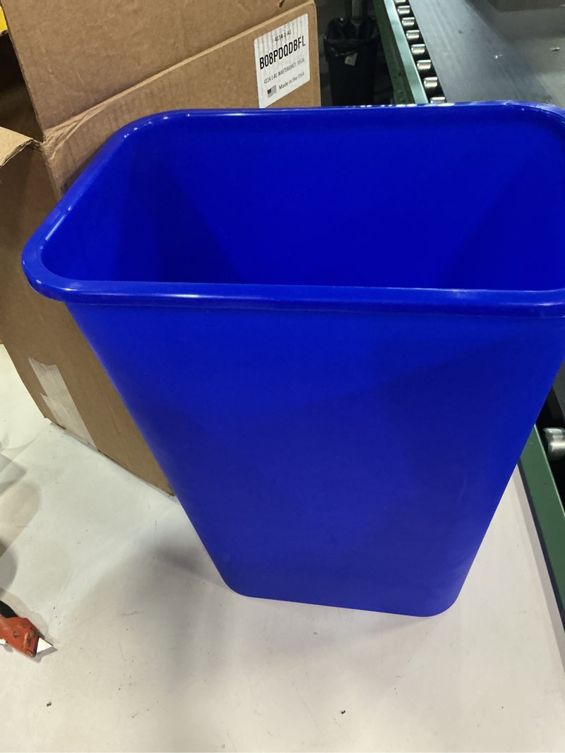 Condition photo showing As Is for amazon basics trash can, rectangular commercial office wastebasket, recycle logo, 10 gallon (pack of 1), blue blue 10 gallon (pack of 1)