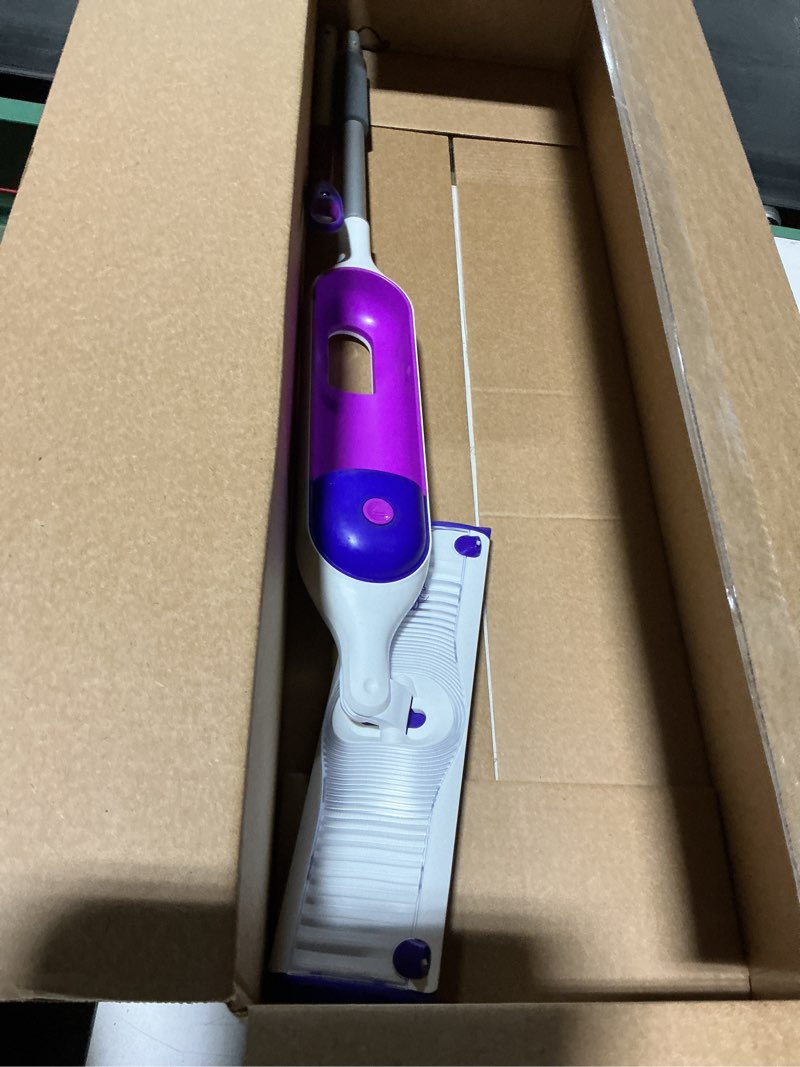 Condition photo showing As Is for swiffer powermop multi-surface mop kit for floor cleaning, includes powermop, 2 mopping pad refills, 1 cleaning solution with fresh scent and 2 batteries purple and white