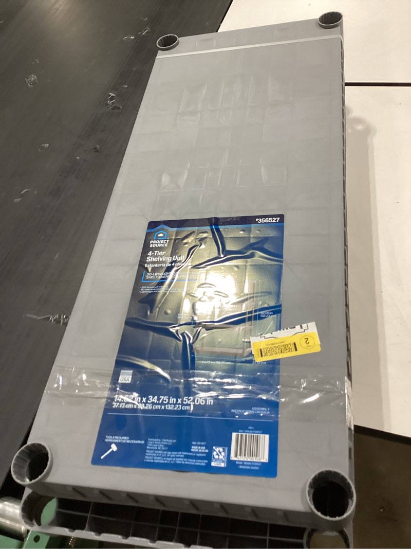 Condition photo showing As Is for project source plastic 4-tier utility shelving unit (34.75-in w x 15.06-in d x 52.625-in h), gray, (50-lb capacity per shelf) incomplete