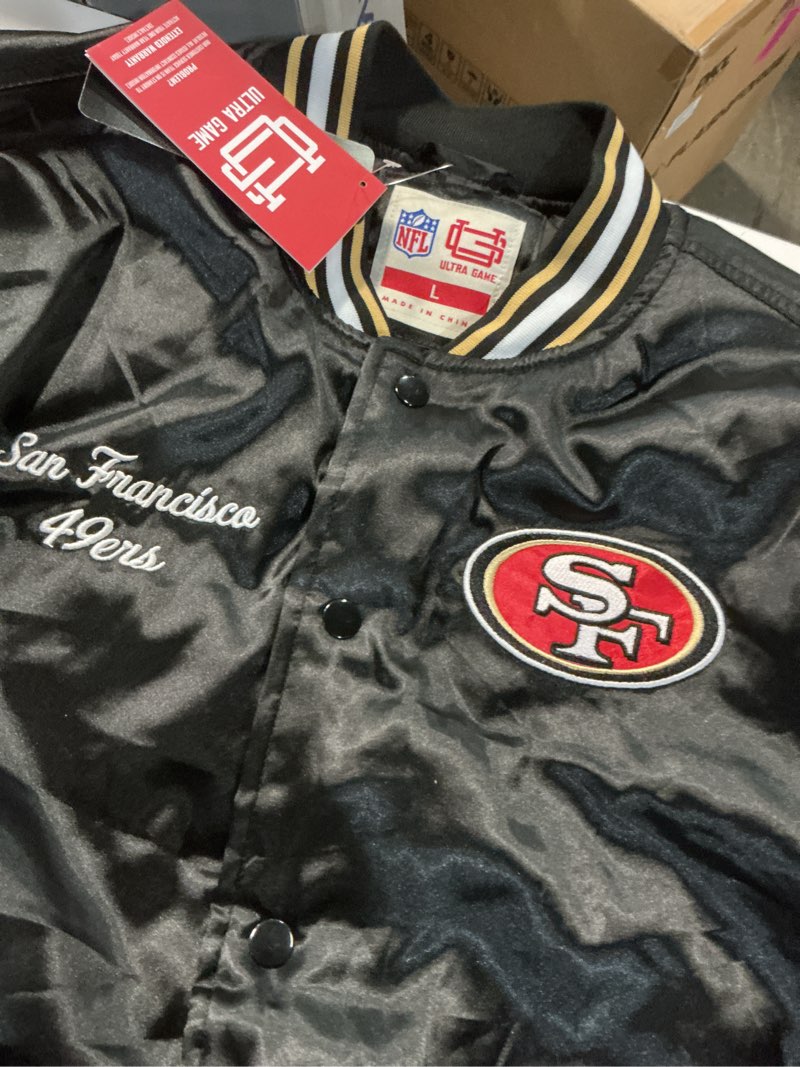 Condition photo showing Good Condition for Men's San Francisco 49ers Starter Black Printed Team Logo Satin Varsity Full-Snap Jacket (size L ) 