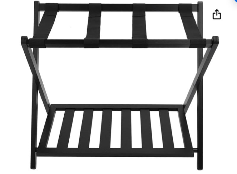 Wooden Luggage Rack Folding Double Layers Extra Wide Top for Suitcase Storage, Solid Wood Construction, Reinforced Straps, Ideal Choice for Hotels and Home Use Black