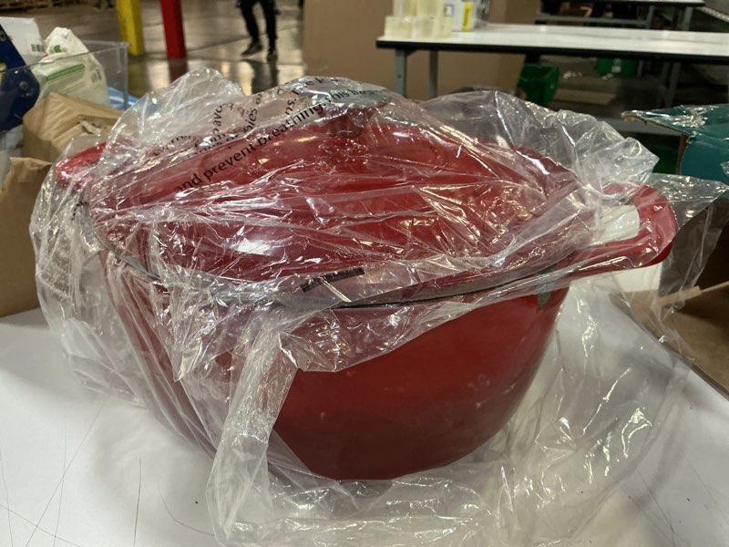 Condition photo showing As Is for mingle & co 7-qt. enameled cast iron dutch oven red