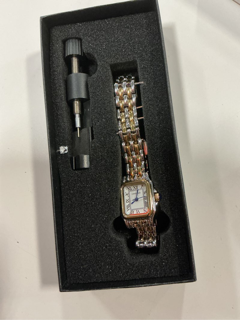 Condition photo showing As Is for CHEETAH Gold Watches for Women with Small Vintage Bracelet, Rectangular Case Roman Dial Silver Gold White