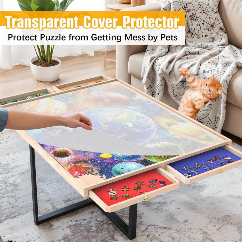 Puzzle Board with Drawers Rotatable 360-Degree Wheels and Cover 34" x 26" 1500 Piece Wooden Jigsaw P