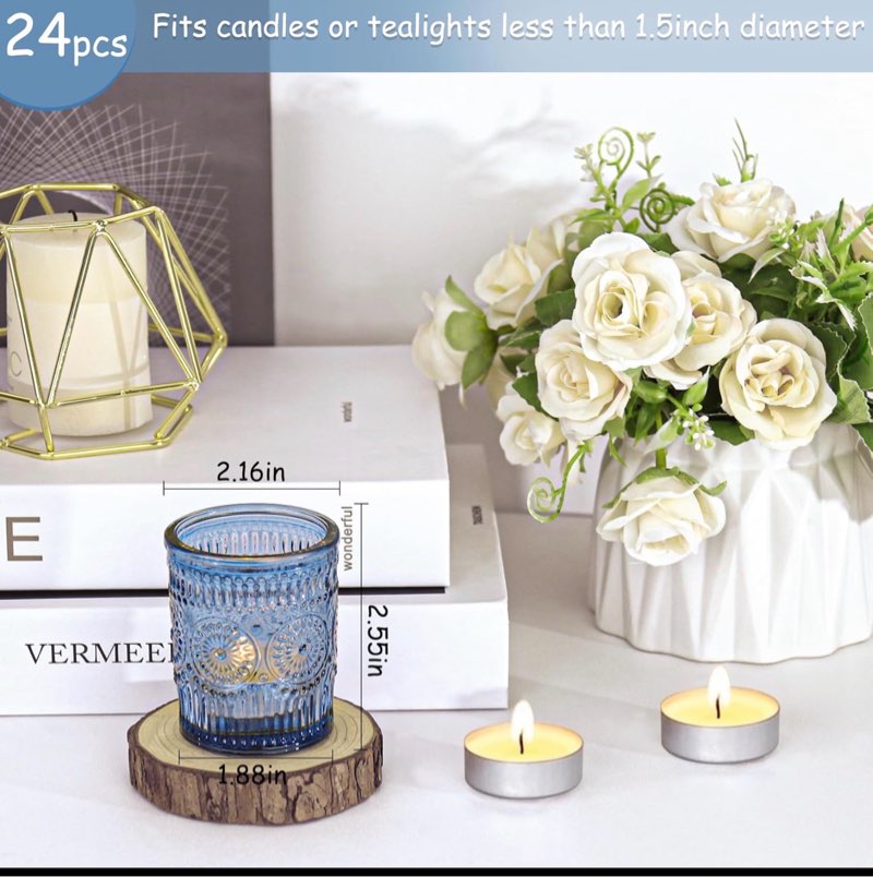 24 pcs blue glass votive candle holders, tealight candle holders for table centerpieces, vintage candle holder bulk, boho wedding, home, bridal shower, birthday party table decor (blue) blue 24