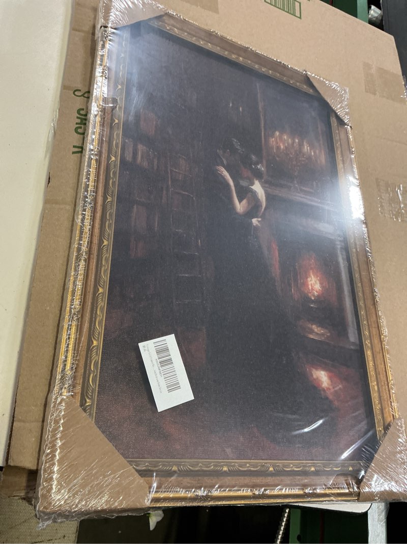 Condition photo showing New/Like New for vintage gold framed gothic wall art, victorian romantic couple dancing painting canvas print, dark academia picture wall decor, moody bookstore poster artwork for living room bedroom romantic couple 11"lx9"w