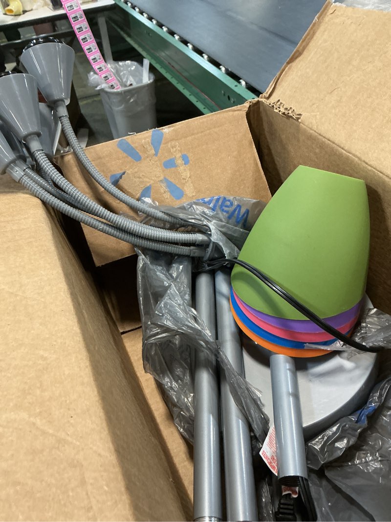Condition photo showing As Is for simple designs lf2006-slm 67" contemporary multi head medusa 5 light adjustable gooseneck silver floor lamp with fun light multicolored shades for kids bedroom playroom living room office silver/fun multicolor shades 30 x 10 x 67