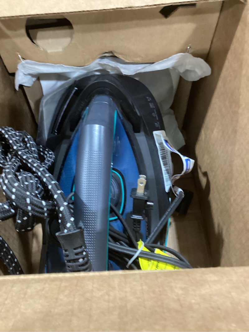 Condition photo showing As Is for Rowenta Iron for Clothes, High Pressure Steamer Iron with Boiler System, 400 Steam Holes, Vertical Steaming, 37oz Tank, Stainless Steel Soleplate, Auto-Off 1800 watts, Black Green, DG7626 Professional Steam Power, Extra-long Ironing Sessions