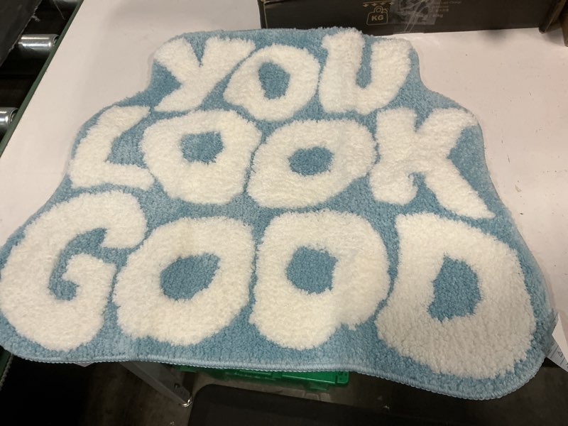 Condition photo showing Good Condition for you look good bath mat cute cool bathroom rugs funny bathroom mats fun funky decor non slip bath rug, trendy blue bath shower mat, 25"x21" blue 1'9" x 2'1" (irregular)