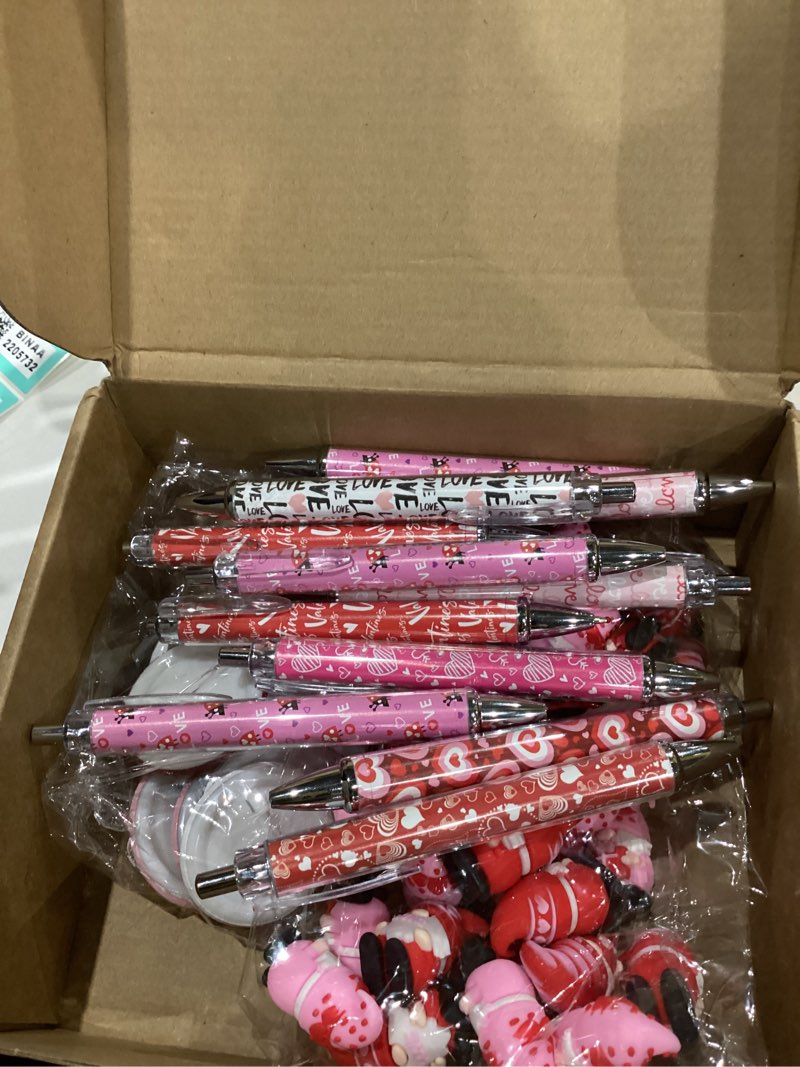 Condition photo showing As Is for INCOMPLETE MISSING ITEMS 36 Sets Valentine's Day Gift Bulk Heart Ballpoint Pens Gnomes Figurines Brooch Pins with Greeting Cards and Organza Bags, Black Ink Pens Red Pink Gift for Valentine's Day Party Favors (Style 1) 36 Style 1