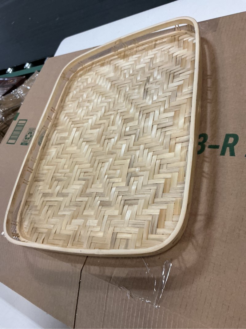 Condition photo showing Good Condition for rectangular bamboo wicker serving trays with handles, handwoven coffee trays for coffee, breakfast, bread, food, dish and decorative tray for dining table (1)