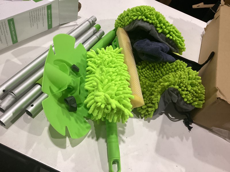Condition photo showing Good Condition for used wontolf 62'' car wash brush with long handle chenille microfiber car wash mop mitt kit car detailing brush cleaning kit window squeegee car duster drying towels tire brush for cars rv truck boat green