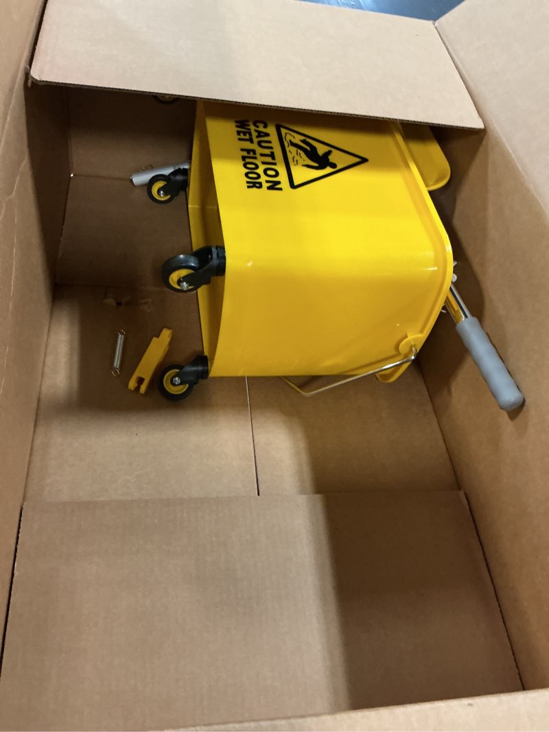Condition photo showing Good Condition for 22 qt (5.5 gallon) mop bucket with wringer for floor cleaning, handle, wheels, 16.5" l x 10.6" w x 26.4" h, yellow,add one loop-end string mop 22-qt bucket with green mop