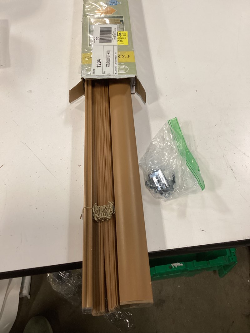 Condition photo showing As Is for achim gii cordless morningstar 1" vinyl mini blind.it measures 27 inches wide by 64 inches long wood tone